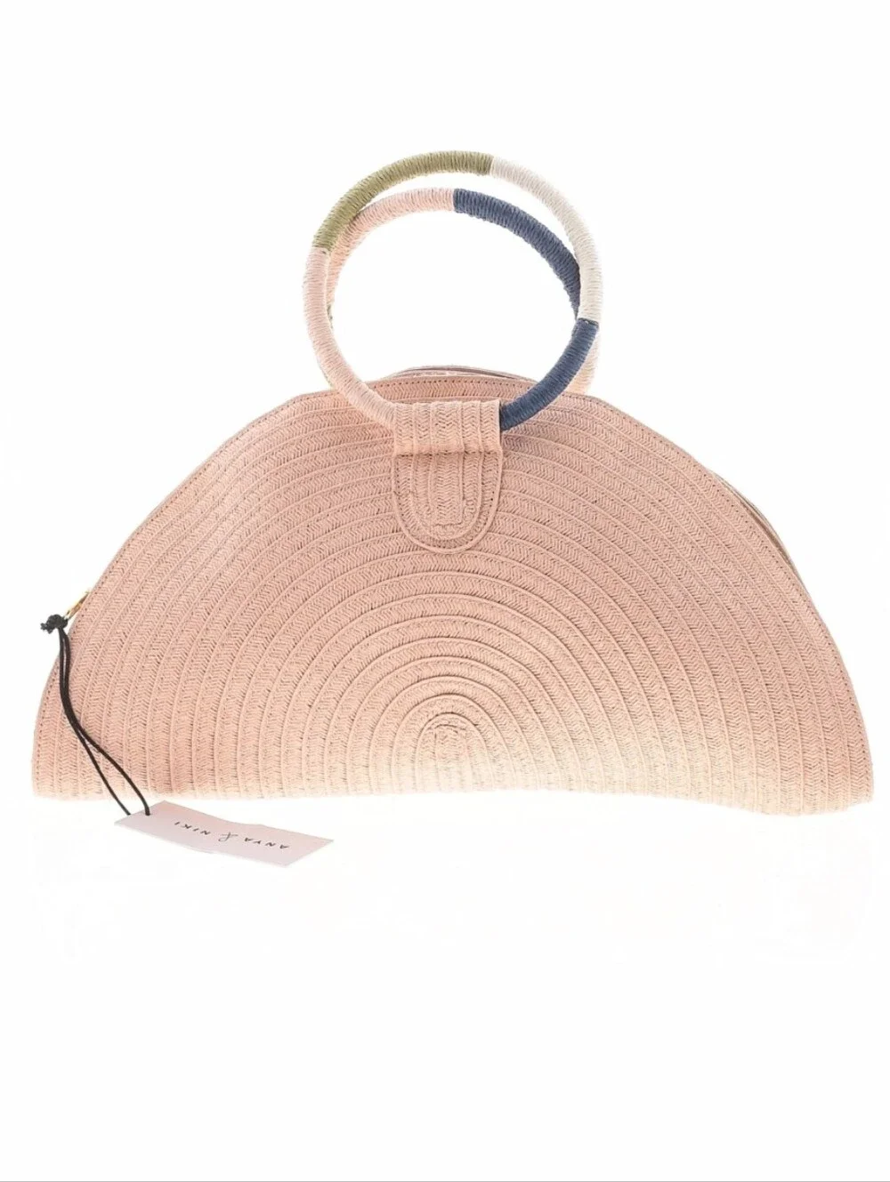 New ANYA NIKI Posey Clutch Half Moon Purse Bag Straw Paper Zip Linen Lined Blush